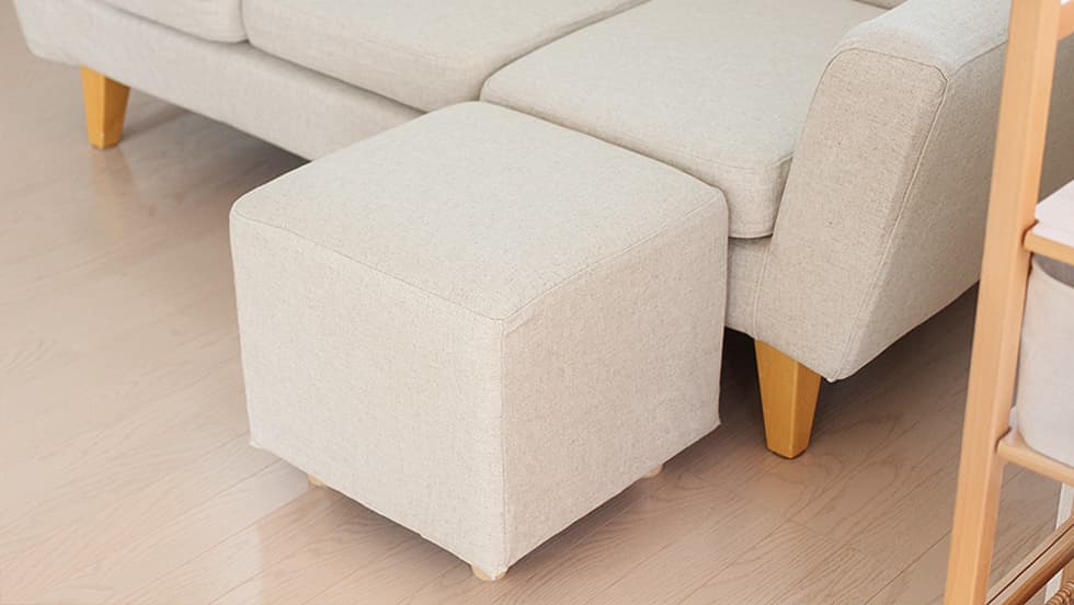 Ottoman with perfect fit premium custom made Textured Weave cream slipcover