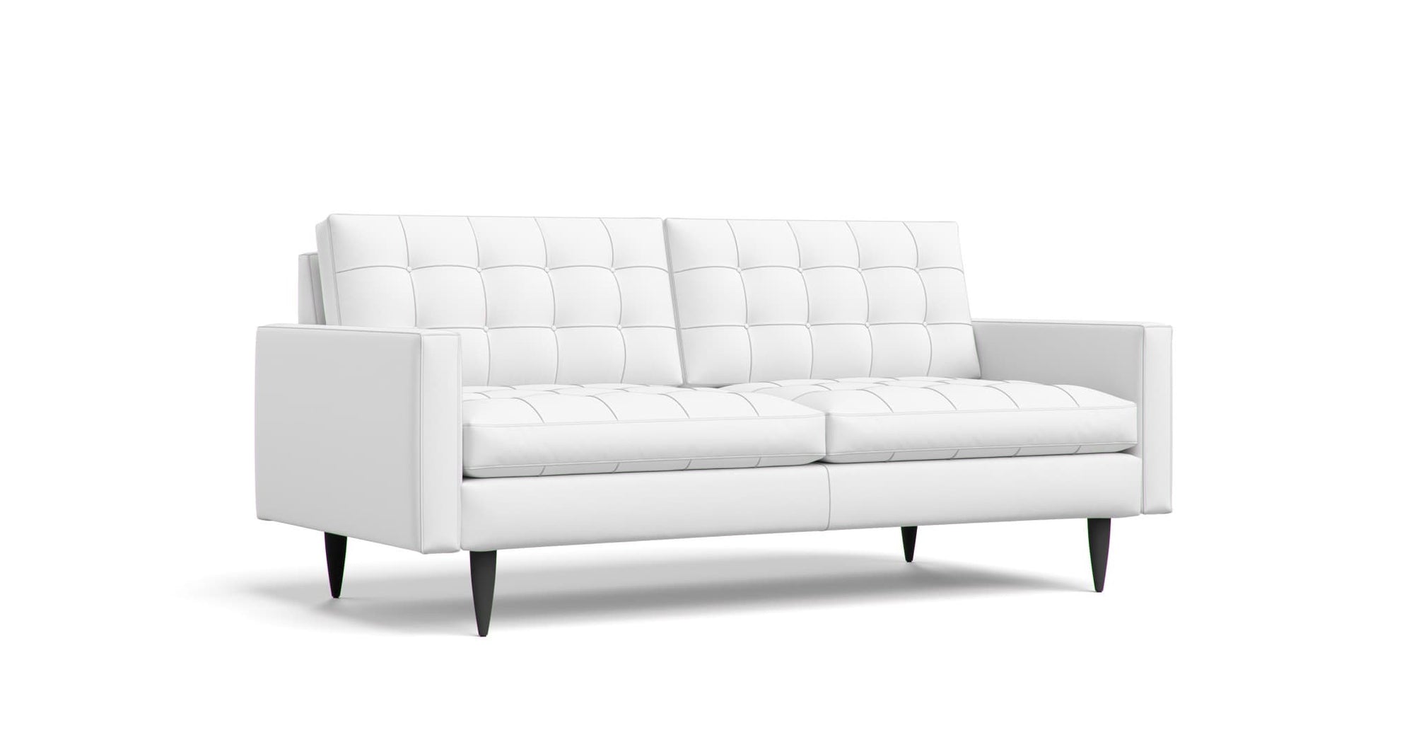 Crate and Barrel Petrie Midcentury sofa featuring white Cotton Canvas slipcover