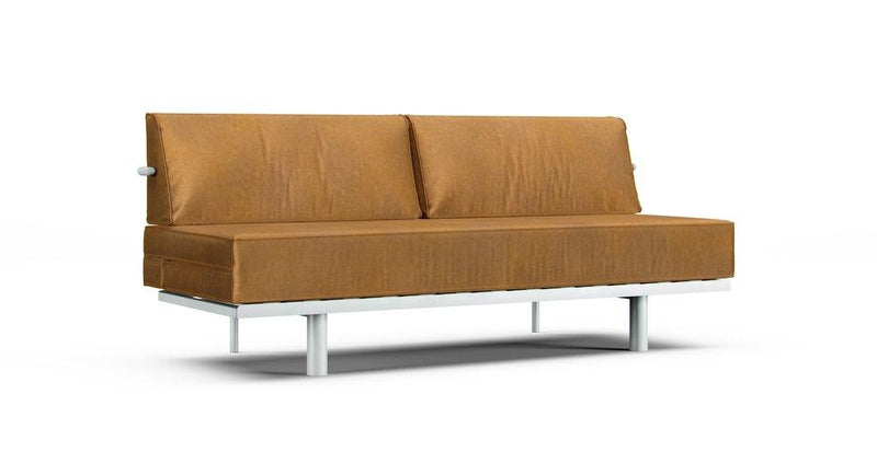 A Muji 3-seater sofa bed in a Signature Velvet Caramel cover