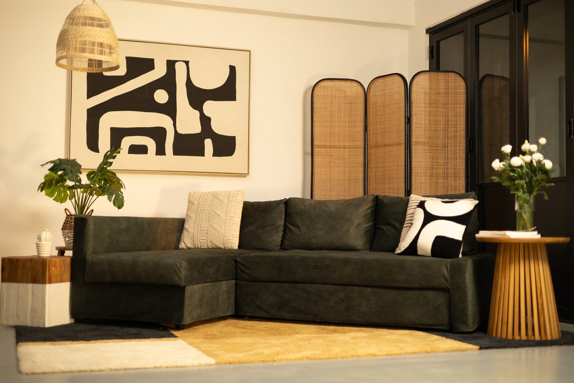 An IKEA Friheten corner sofa bed in a stylish, modern living room