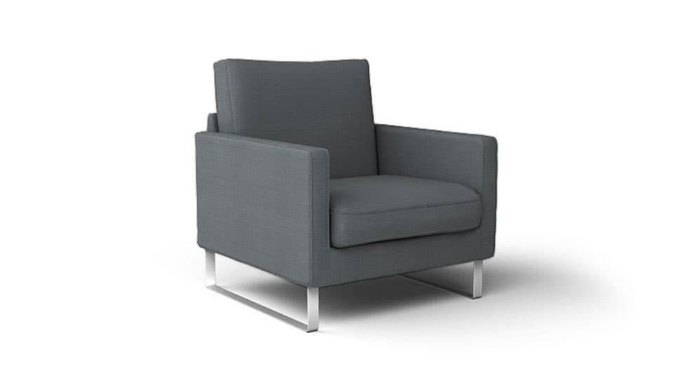 A charcoal gray IKEA Mellby armchair on a white background