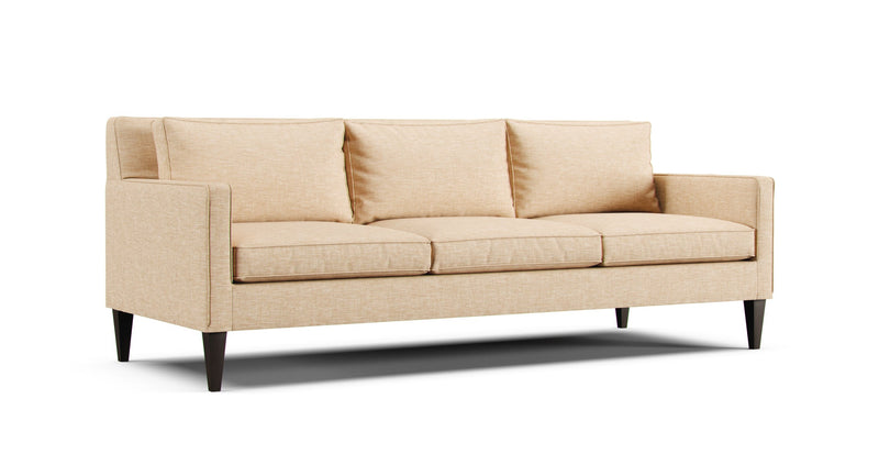 Crate and Barrel Rochelle Midcentury sofa featuring khaki Textured Weave slipcover