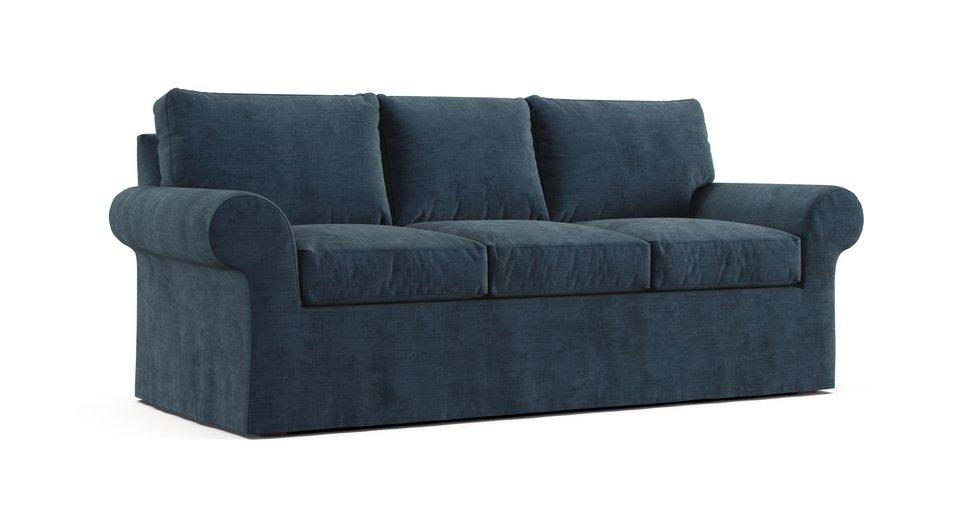 An Ethan Allen Bennet roll arm 86 inch three seat sofa in a Performance Weave Dark Denim cover