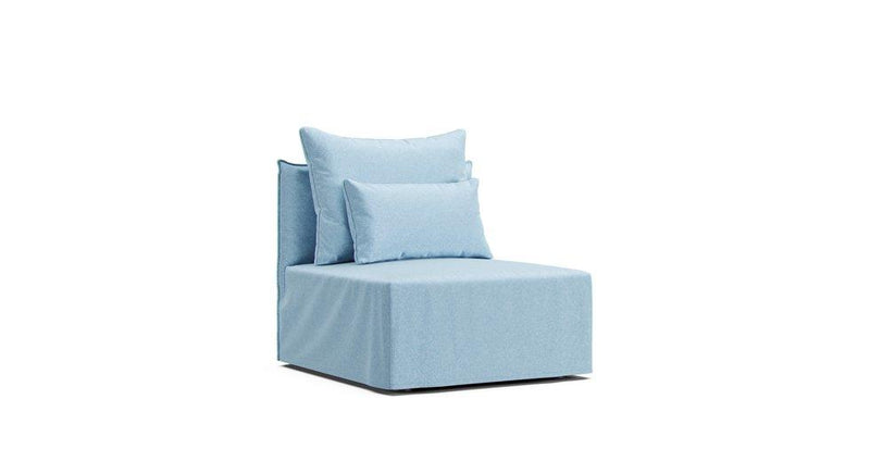 An Elbgestoeber Elbdock one seater chair in a Clawproof Velvet Sky Blue cover