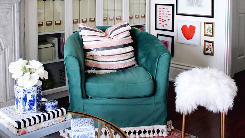 IKEA Ektorp Tullsta armchair in a velvet turquoise slipcover, set in an eclectic-style living room