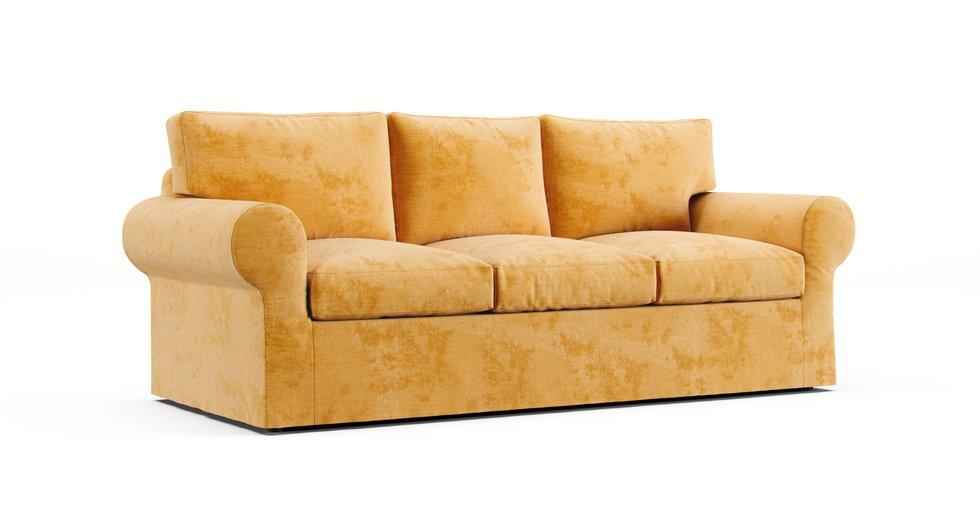 IKEA Uppland three seater sofa in an amber Performance Weave cover on a white background