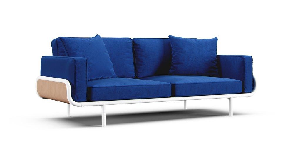 IKEA PS2012 three seater sofa in a royal blue Classic Velvet cover on a white background
