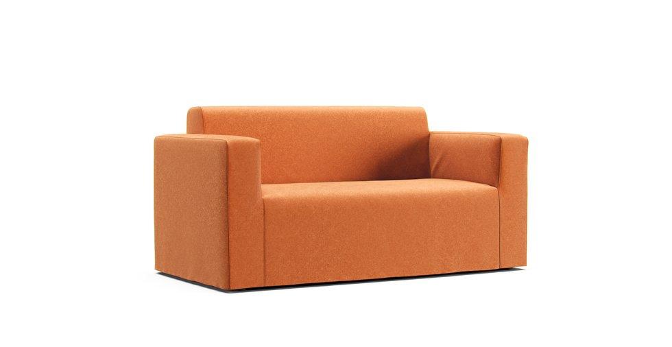 IKEA Klobo two seater sofa in an orange Clawproof Velvet cover on a white background