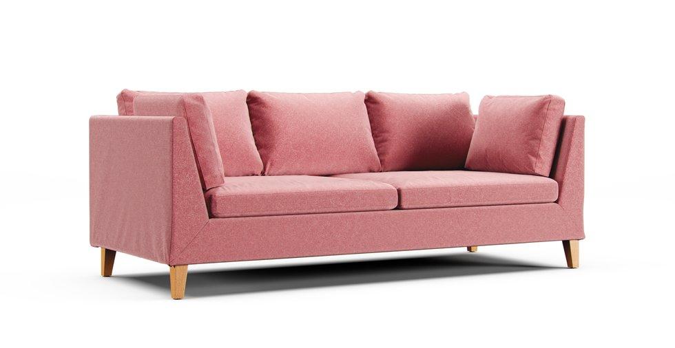 IKEA Stockholm sofa in a rose Clawproof Velvet cover on a white background