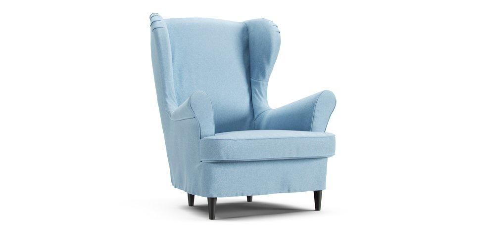 IKEA Strandmon armchair in a loose-fitting sky blue Clawproof Velvet cover
