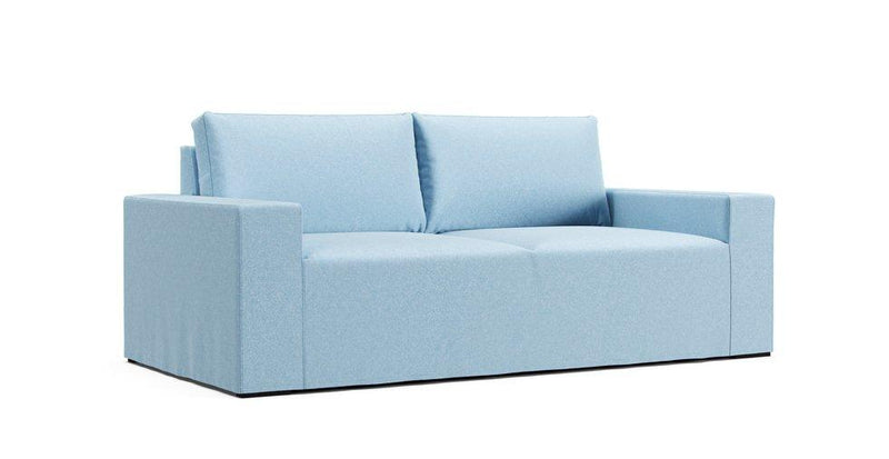 IKEA Sorvallen two seater sofa in a sky blue Clawproof Velvet cover on a white background