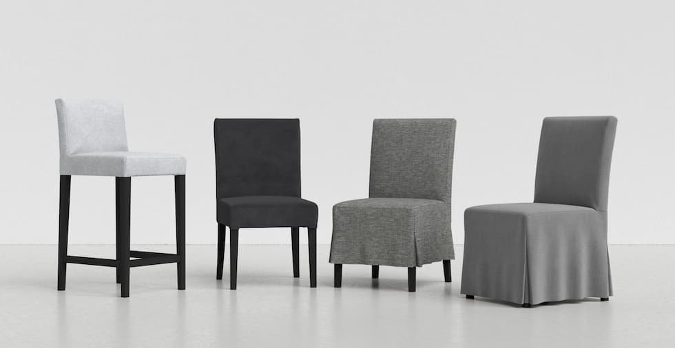 A collection of IKEA Henriksdal bar stools and dining chairs in covers of various lengths and shades of gray