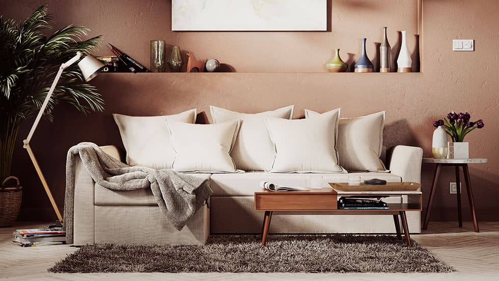 IKEA Holmsund in a stylish, modern, clay-coloured living room with a white Everyday Linen cover