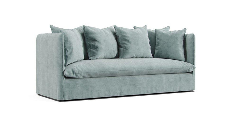 A Maisons du Monde Louvain sofa in a mineral blue Performance Weave cover on a white background