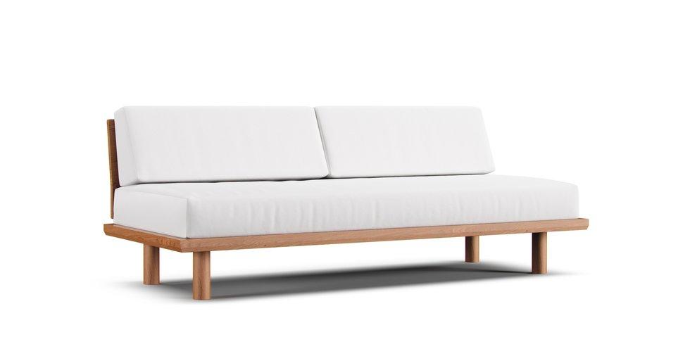 MUJI wooden sofa bed featuring machine washable white Cotton Canvas slipcover