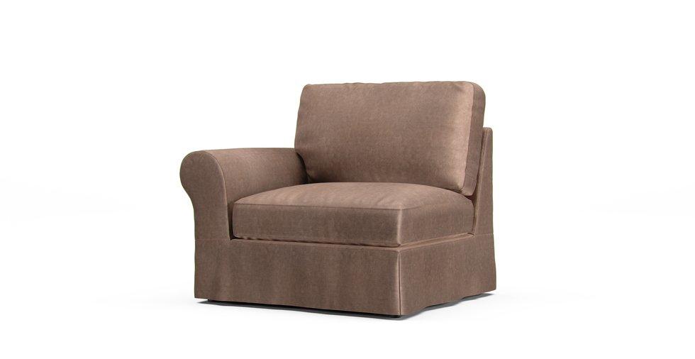 A Pottery Barn Basic Left/Right Armchair in a Signature Velvet Sand cover