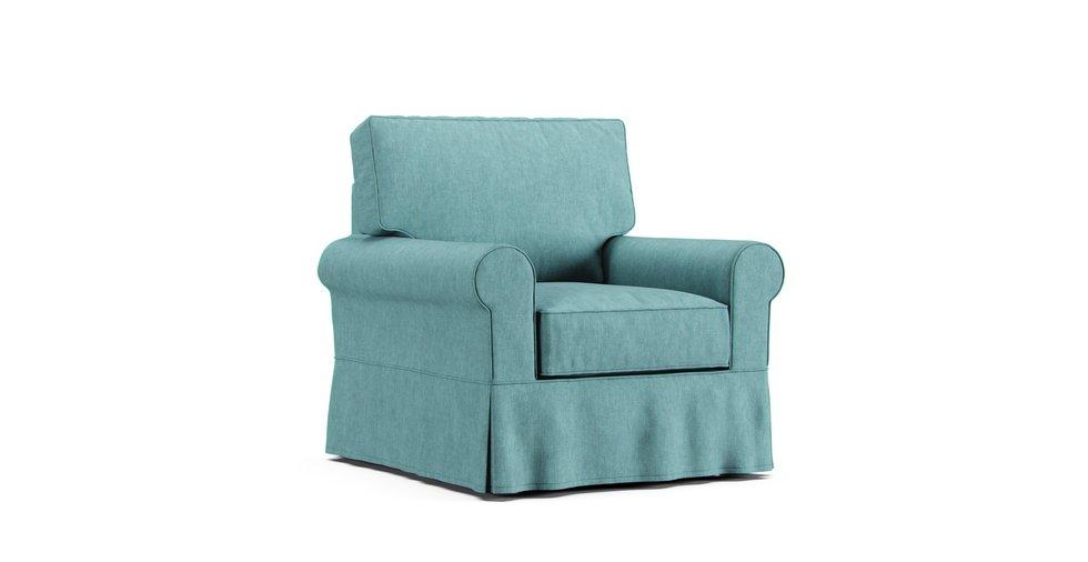 A Performance Tweed Mineral Blue cover on a Rowe Nantucket armchair