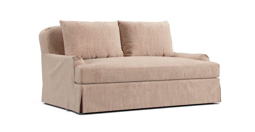 A Restoration Hardware Classic Roll Arm six foot Bench-Seat Sofa in a Comfort Chenille Dusty Rose cover