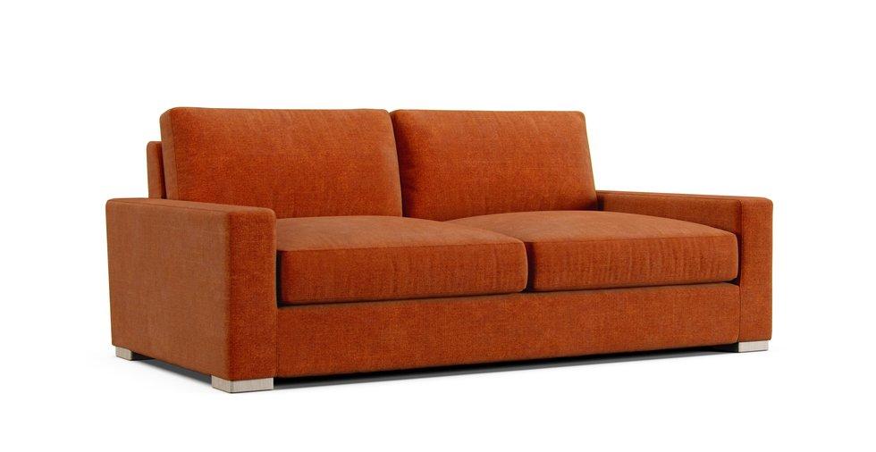A Restoration Hardware Maxwell seven foot sofa in a Comfort Chenille Burnt Orange cover