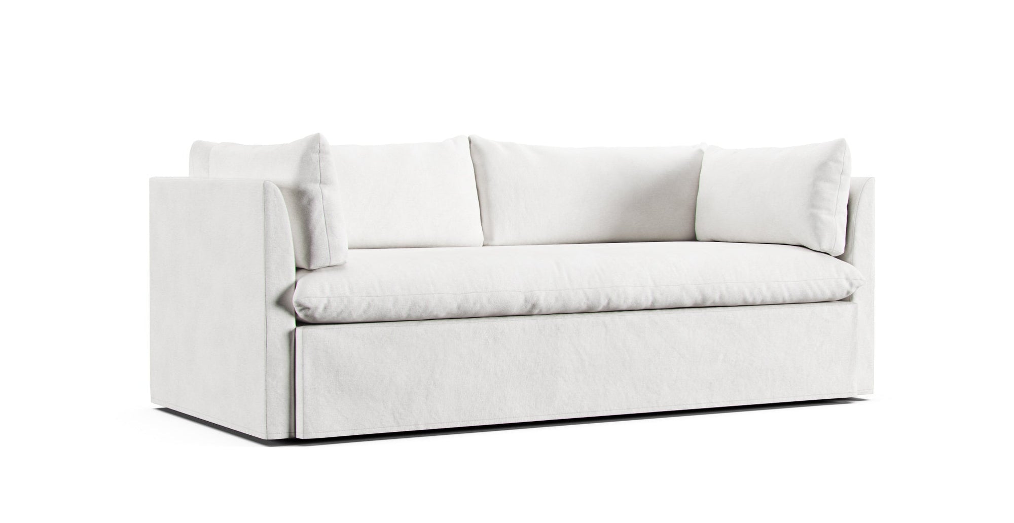 West Elm Shelter eighty-four inches sofa featuring white Pure Linen slipcover