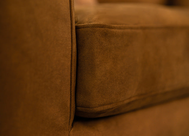 Close-up of IKEA FARLOV three-seater sofa couch with Signature Velvet Caramel slipcover