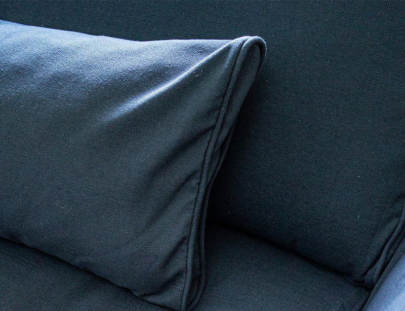 Close-up of IKEA FARLOV three seater sofa couch cushion with Eco Weave Dark Denim slipcover