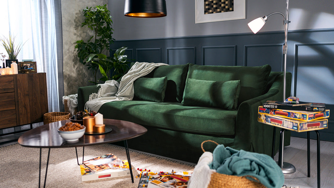 Alternate angle of IKEA FARLOV three-seater sofa with Classic Velvet Forest Green slipcover