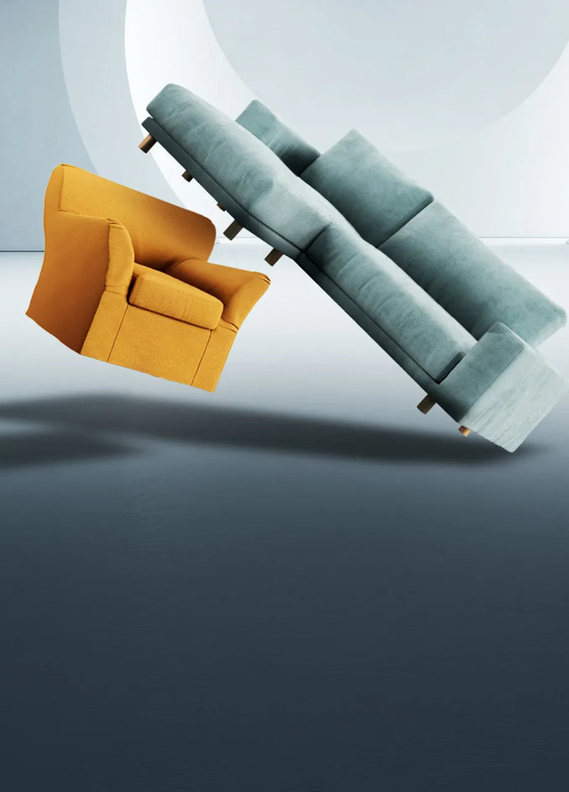 Muji-2011-wide-arm-2.5-seater-with-ComfortWorks-Care+Tweed-couch-cover-in-Mineral-Blue-floating-next-to-IKEA-TOMELILLA-armchair-with-Mod-Boucle-sofa-cover-against-a-vector-background