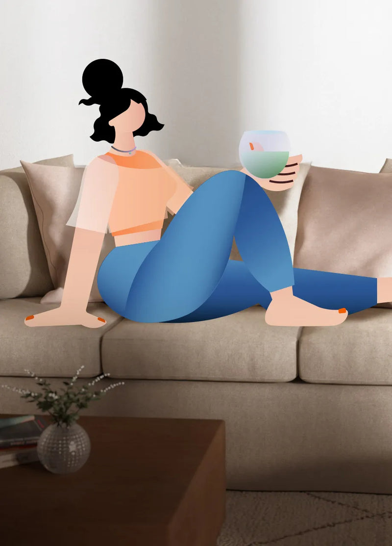 Cartoon-figure-holding-a-matcha-relaxing-on-the-IKEA-TOMELILLA-3-seater-sofa-with-ComfortWorks-Mod-Basketweave-couch-cover-in-Oatmeal