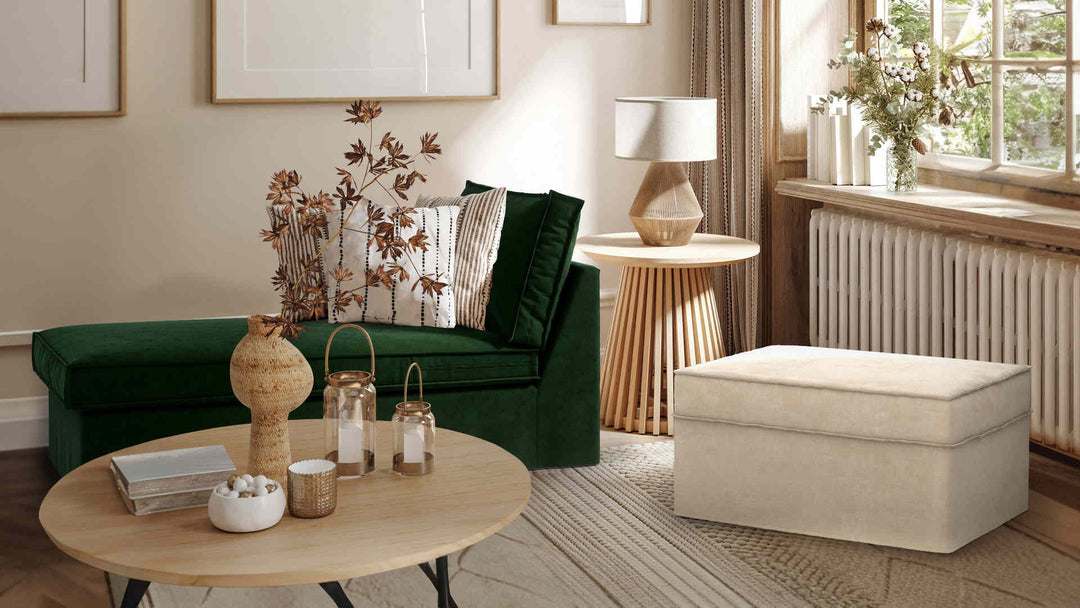 Nordic Minimalist living room with IKEA Karlstad sofa in Classic Velvet Forest Green and Performance Weave Cream slipcover