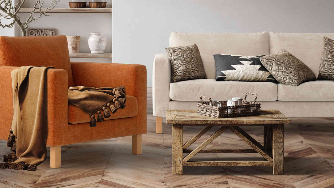 Rustic living room with IKEA Karlstad sofa in Performance Weave Cream and Comfort Chenille Burnt Orange slipcover