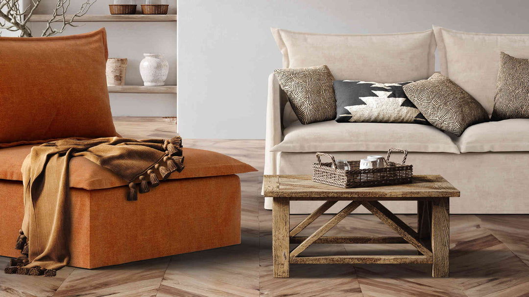 Rustic living room with IKEA Soderhamn sofa in Performance Weave Cream and Comfort Chenille Burnt Orange slipcover