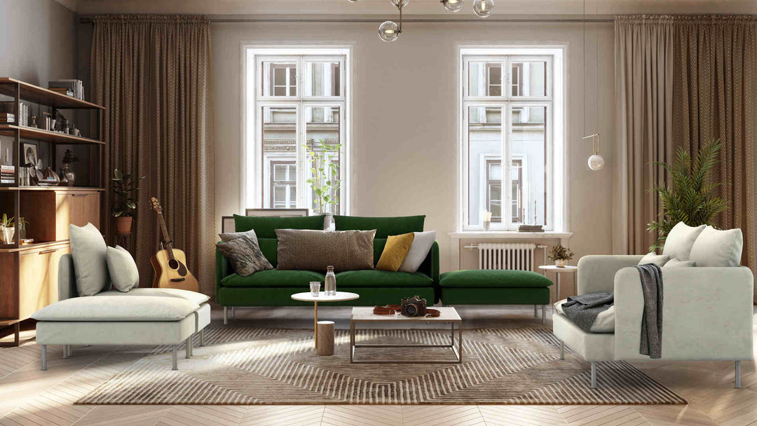Scandinavian living room with IKEA Soderhamn sofa in Classic Velvet Forest Green and Performance Weave Stone slipcover