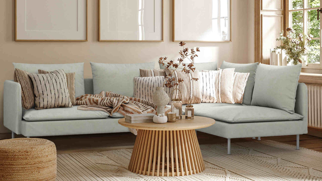 Nordic Minimalist living room with IKEA Soderhamn sofa in Performance Weave Stone slipcover