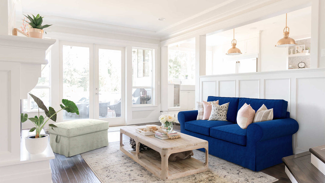 Modern Victorian living room with IKEA Ektorp sofa in Classic Velvet Cobalt and Performance Weave Stone slipcover