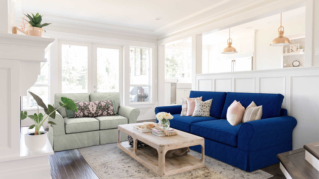 Bohemian living room with IKEA Ektorp sofa in Performance Weave Stone and Classic Velvet Cobalt slipcover
