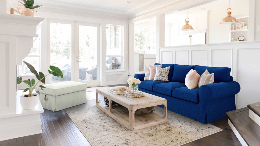 Modern Victorian living room with IKEA Ektorp sofa in Classic Velvet Cobalt and Performance Weave Stone slipcover