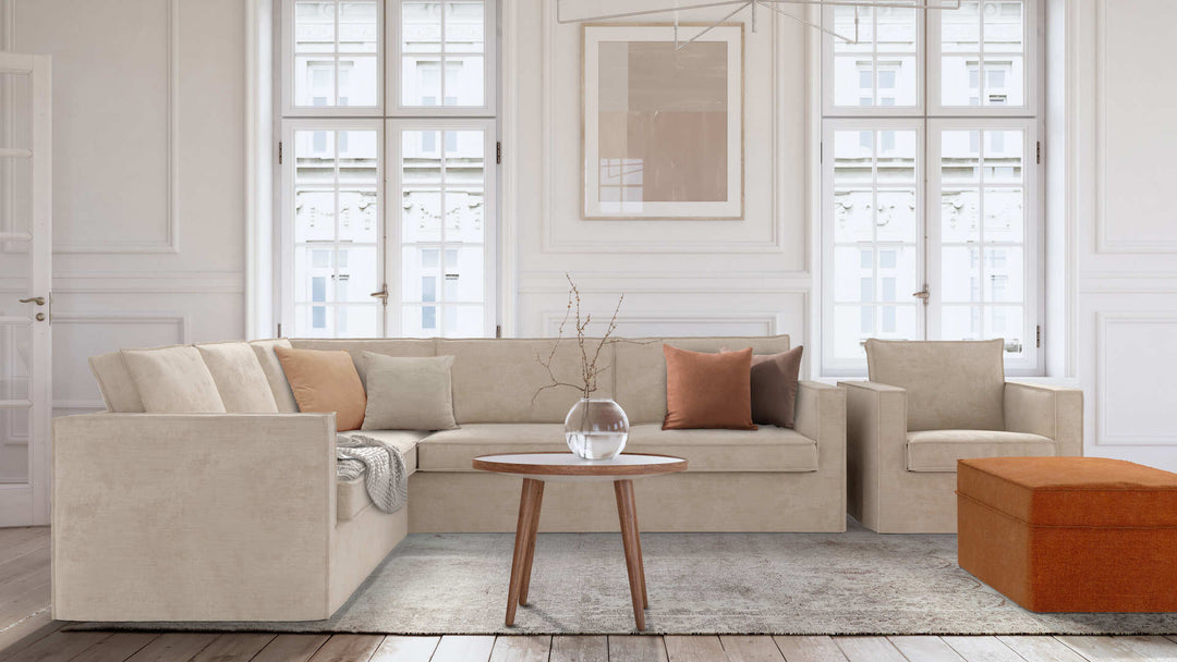 Modern Victorian living room with IKEA Karlstad sofa in Performance Weave Cream and Comfort Chenille Burnt Orange slipcover