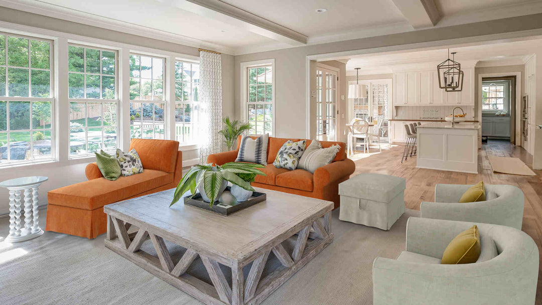 Rustic living room with IKEA Ektorp sofa in Comfort Chenille Burnt Orange and Performance Weave Stone slipcover