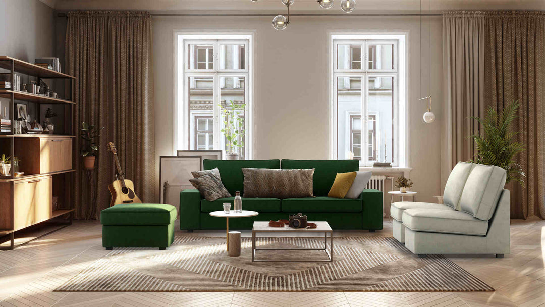 Scandinavian living room with IKEA Kivik sofa in Classic Velvet Forest Green and Performance Weave Stone slipcover