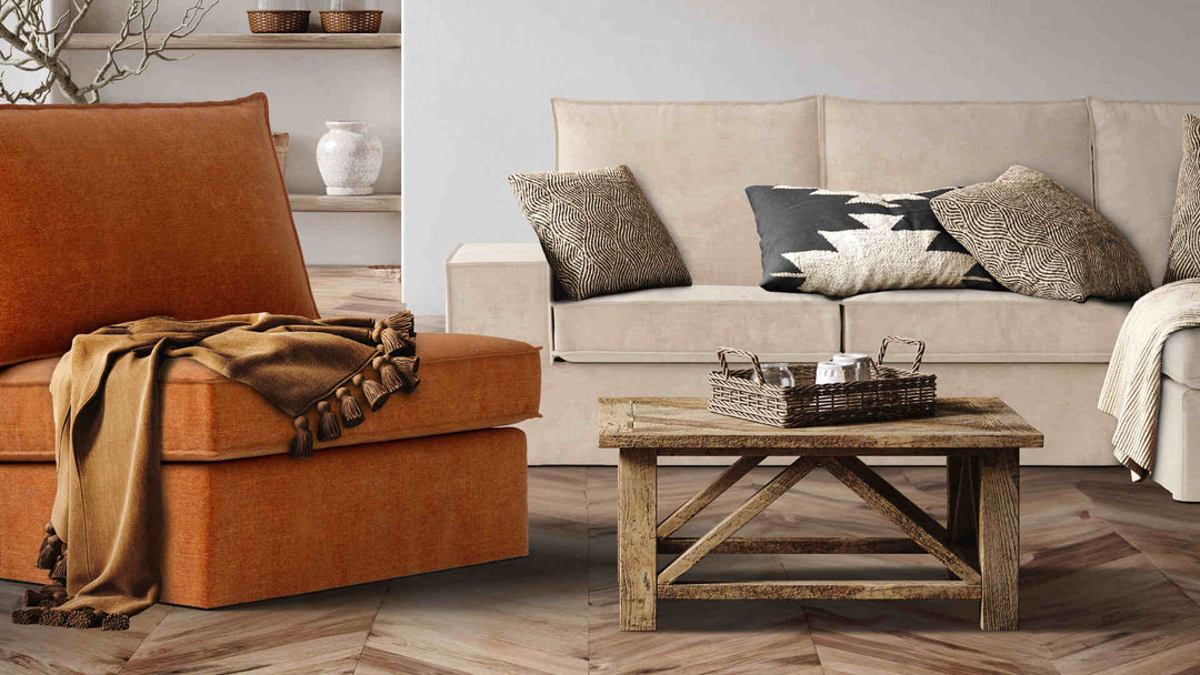 Rustic living room with IKEA Kivik sofa in Performance Weave Cream and Comfort Chenille Burnt Orange slipcover