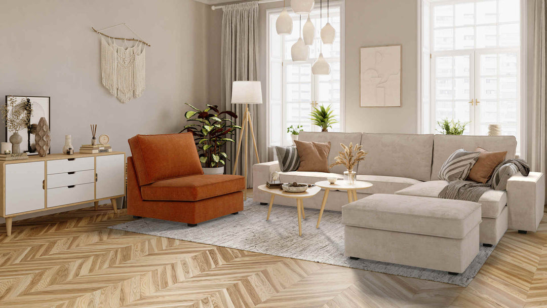 Scandinavian living room with IKEA Kivik sofa in Performance Weave Cream and Comfort Chenille Burnt Orange slipcover