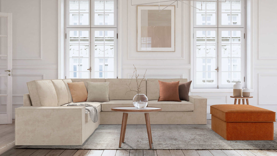 Modern Victorian living room with IKEA Kivik sofa in Performance Weave Cream and Comfort Chenille Burnt Orange slipcover