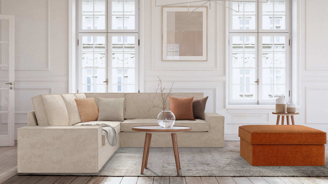 Modern Victorian living room with IKEA Kivik sofa in Performance Weave Cream and Comfort Chenille Burnt Orange slipcover