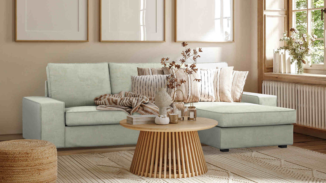 Nordic Minimalist living room with IKEA Kivik sofa in Performance Weave Stone slipcover