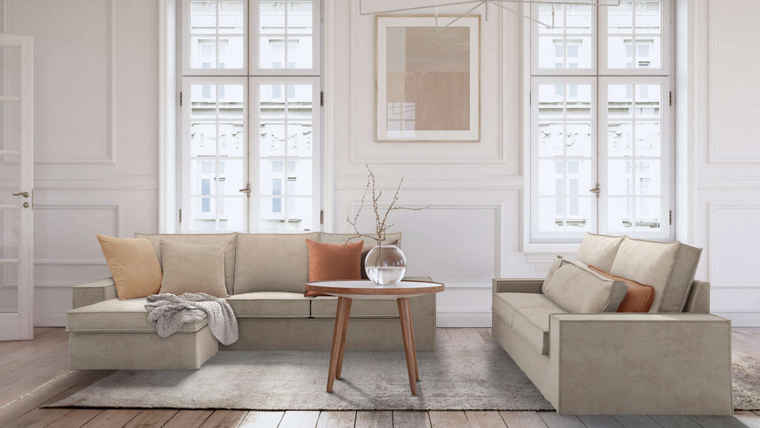 Modern Victorian living room with IKEA Kivik sofa in Performance Weave Cream slipcover