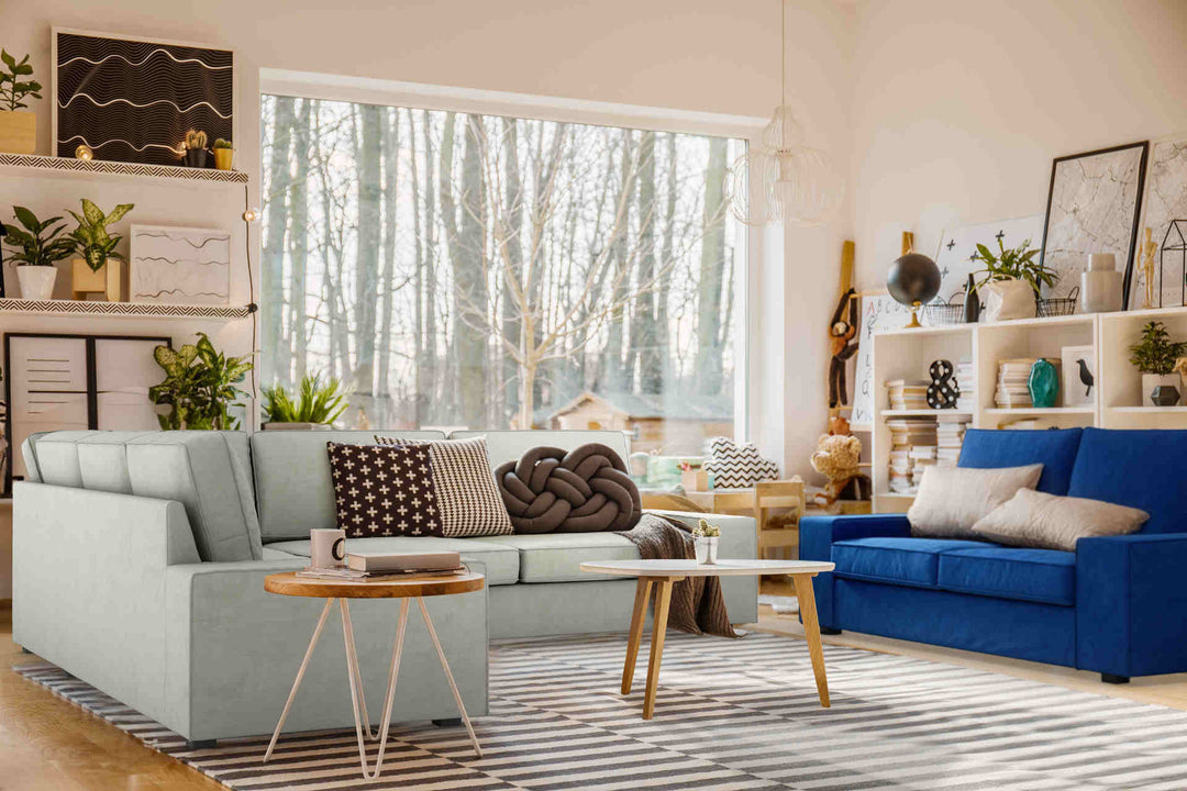 Bohemian living room with IKEA Kivik sofa in Performance Weave Stone and Classic Velvet Cobalt slipcover
