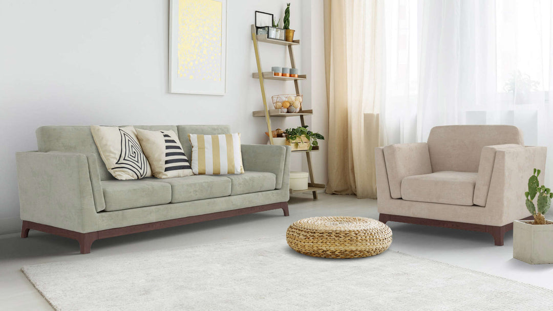 Bohemian living room with Article Ceni sofa in Performance Weave Stone and Performance Weave Cream slipcover