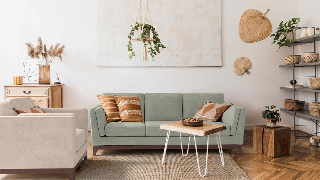 Scandinavian living room with Article Ceni sofa in Performance Weave Stone and Performance Weave Cream slipcover