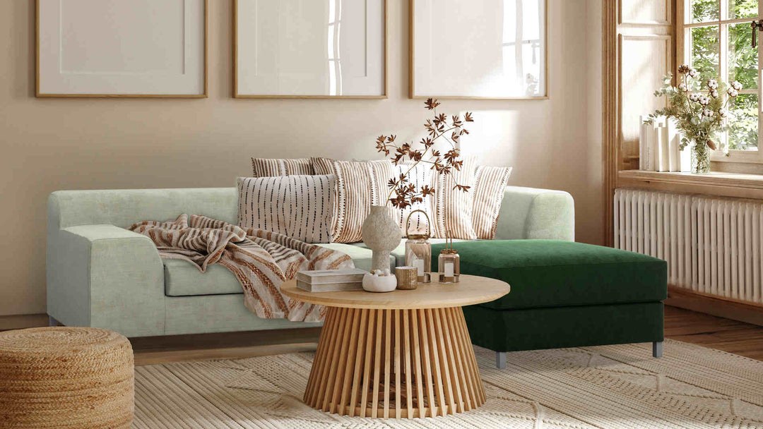 Nordic Minimalist living room with IKEA Kramfors sofa in Performance Weave Stone and Classic Velvet Forest Green slipcover